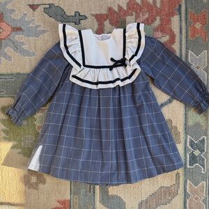 Pepa London Classic Blue Windowpane Ruffle Collar Trapeze Dress